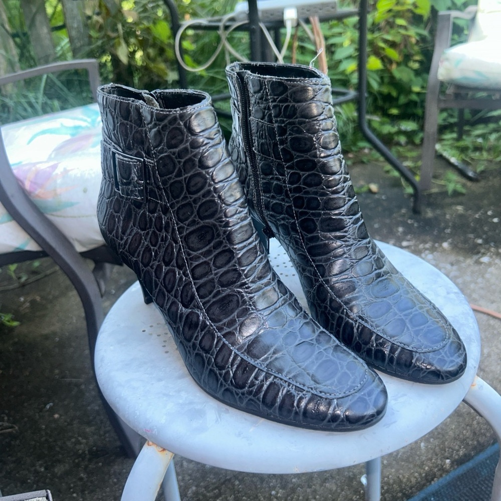 Black Crocodile-Embossed Ankle Boots
